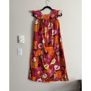 Hookano Hawiian Dress Mid Century‎ Vintage 60s 70s Medium Floral Pink Orange